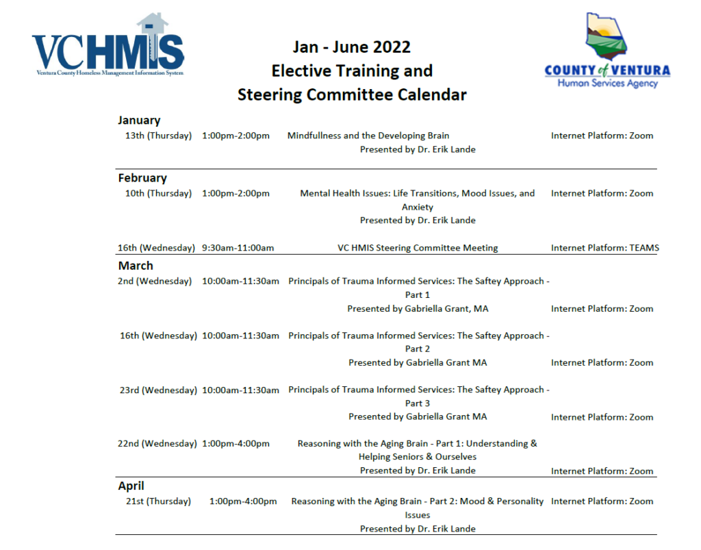 VC HMIS Elective Training and Steering Committee Calendar January - June 202